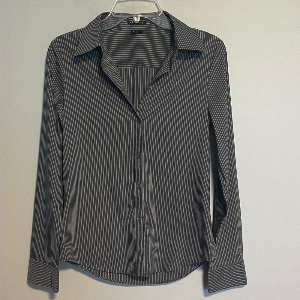 Theory Dark Gray/White Pinstripes Button Down Shirt Size Medium